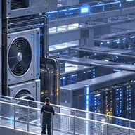 Rows of servers and cooling fans in Meta's data center.