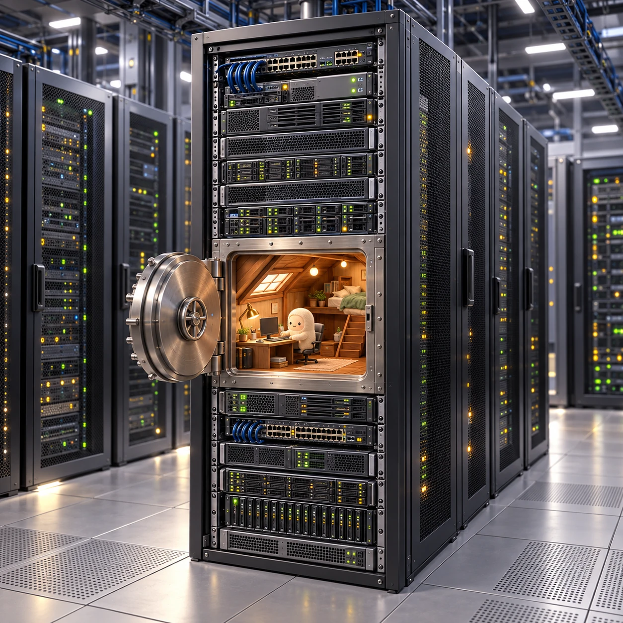 Illustration: a server rack with an open vault containing a cozy room and Muse at a desk.