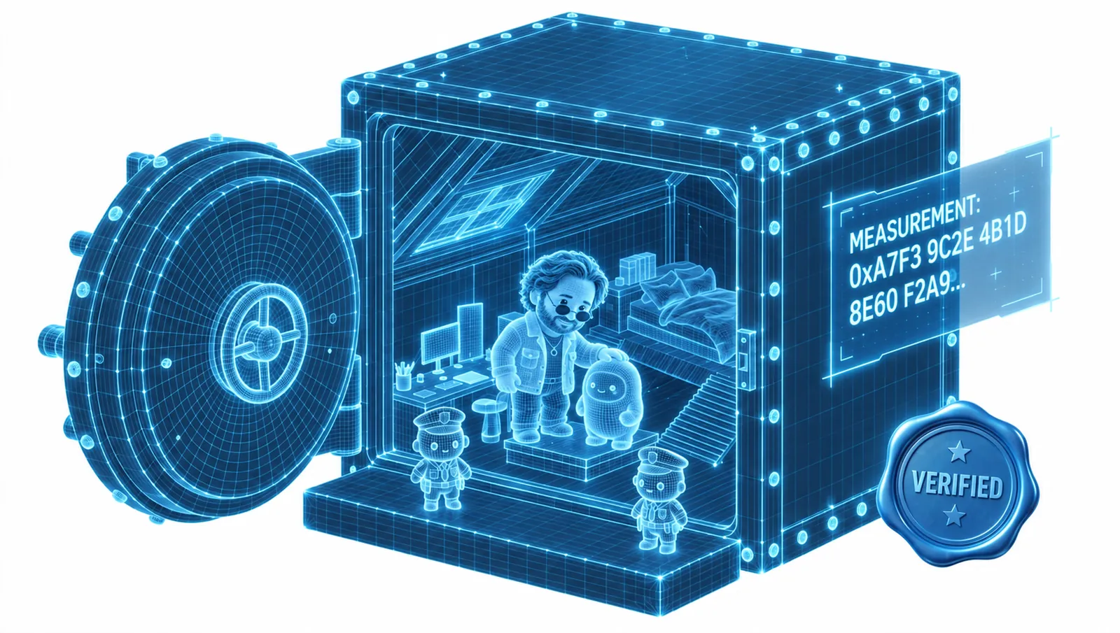 Illustration: a blueprint of the vault showing Mac with Muse, the measurement readout, and a blue Verified seal.