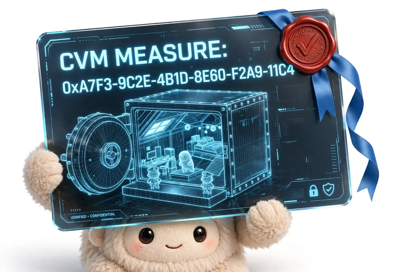 Illustration: Muse holding up a card labeled CVM measure (confidential VM measurement) 0xA7F3-9C2E-4B1D-8E60-F2A9-11C4, with a red wax seal.