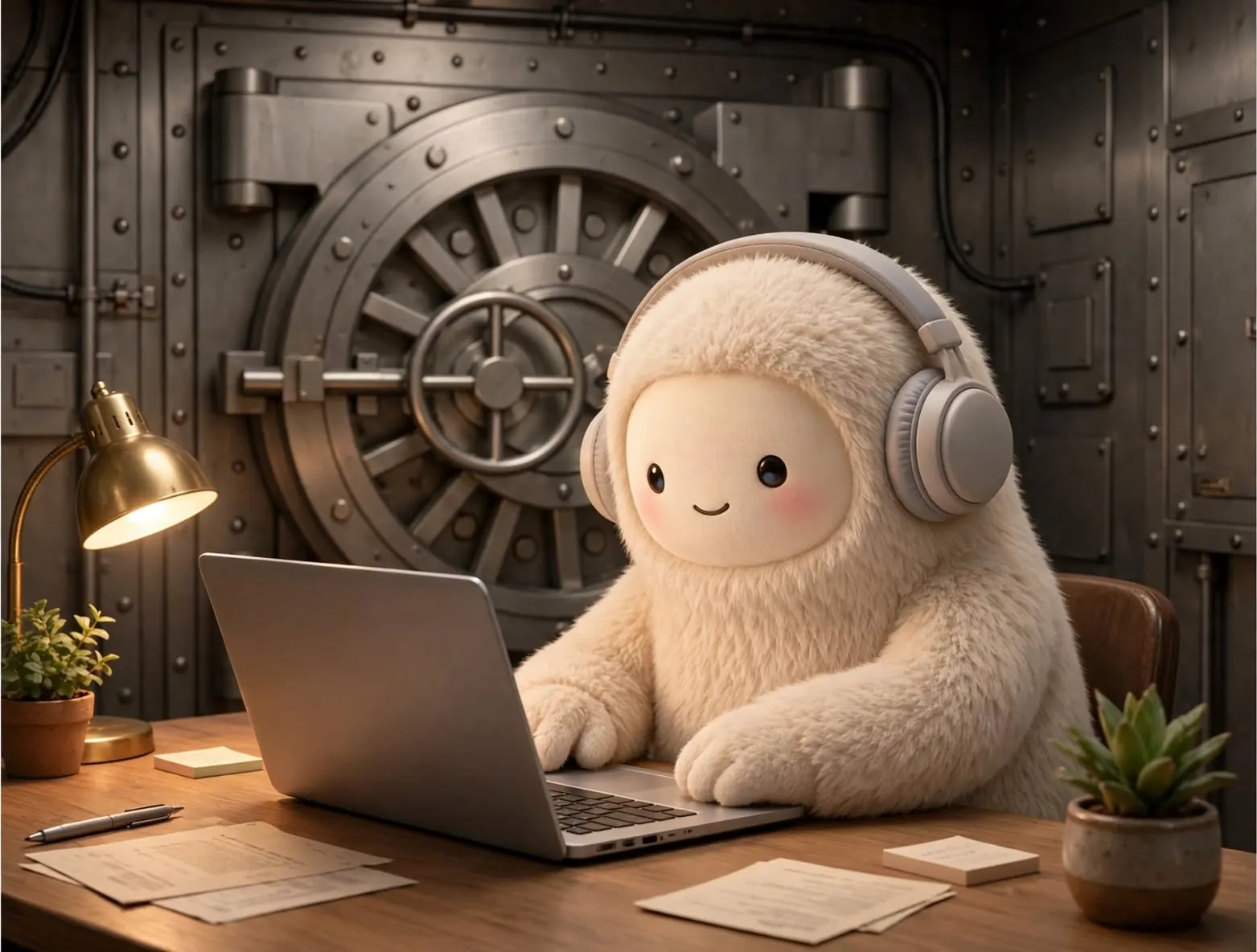 Illustration: Muse wearing headphones, typing on a laptop at a desk lit by a brass lamp.