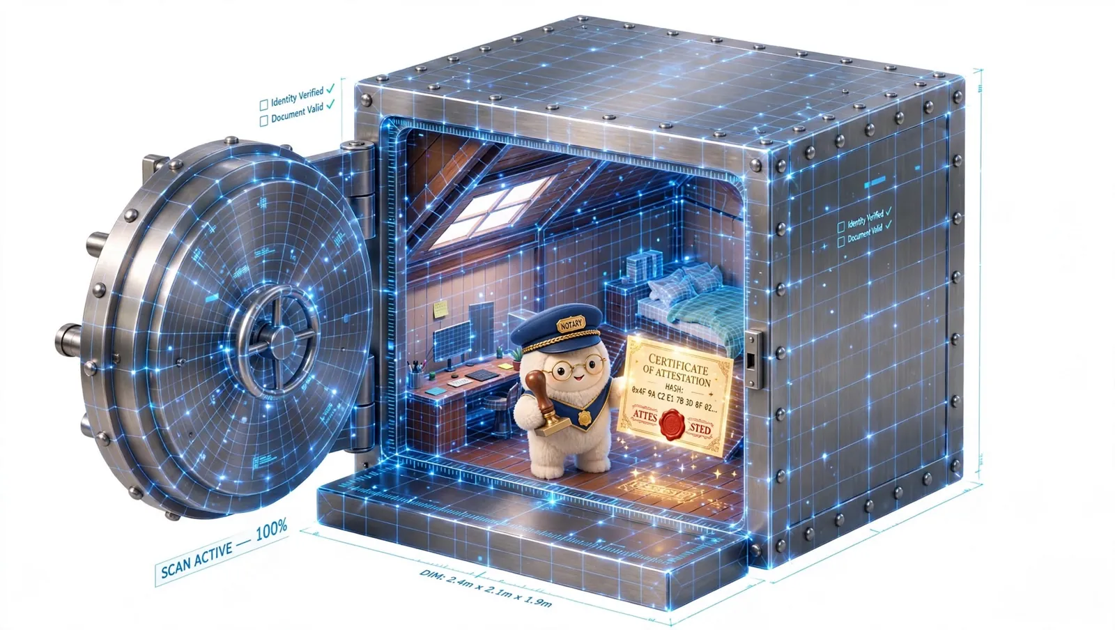 Illustration: the notary character inside the vault holding a stamp and a certificate of attestation with a red wax seal.