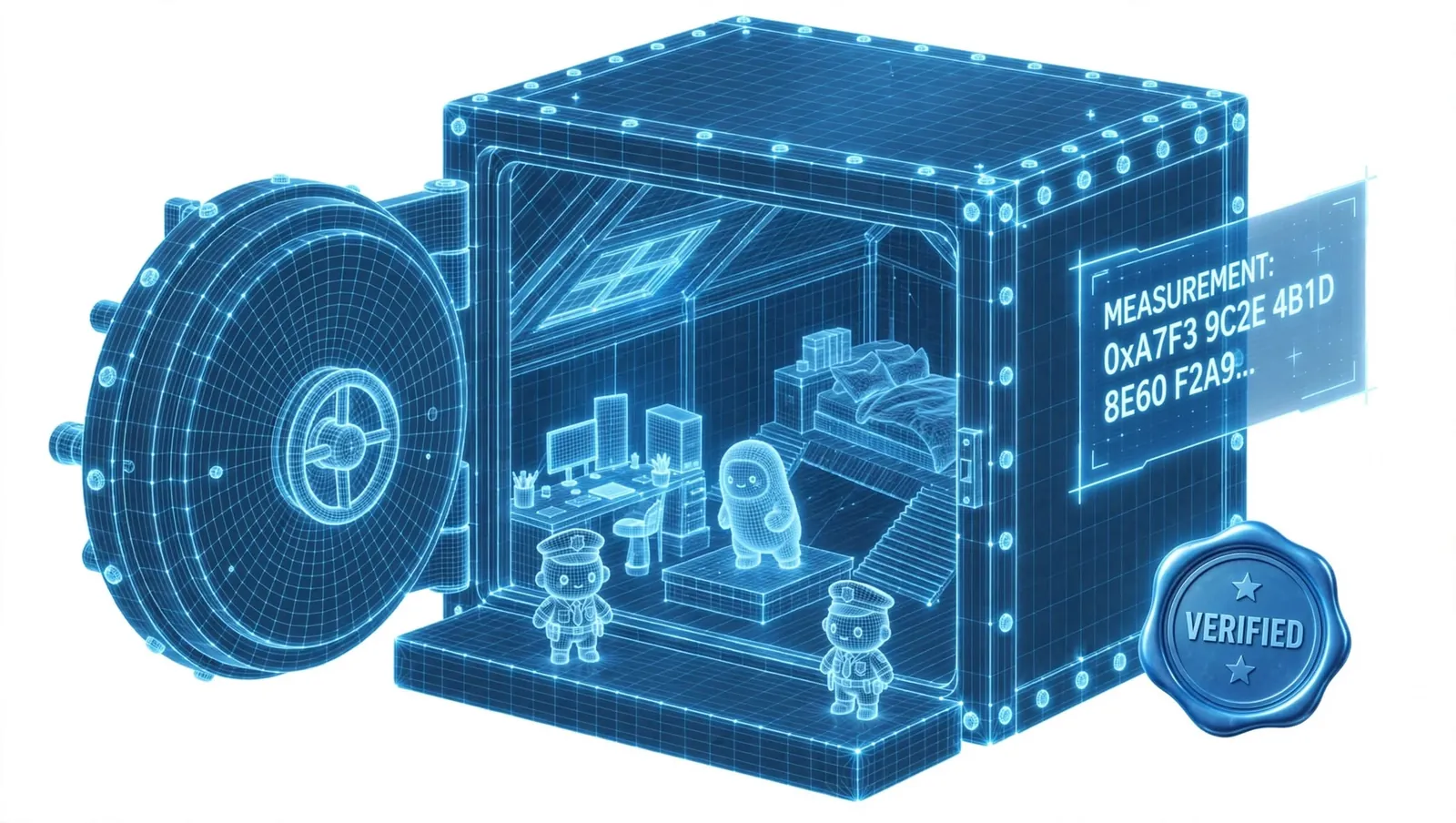 Illustration: a blueprint scan of the vault labeled measurement 0xA7F3 9C2E 4B1D 8E60 F2A9, with a blue Verified seal.