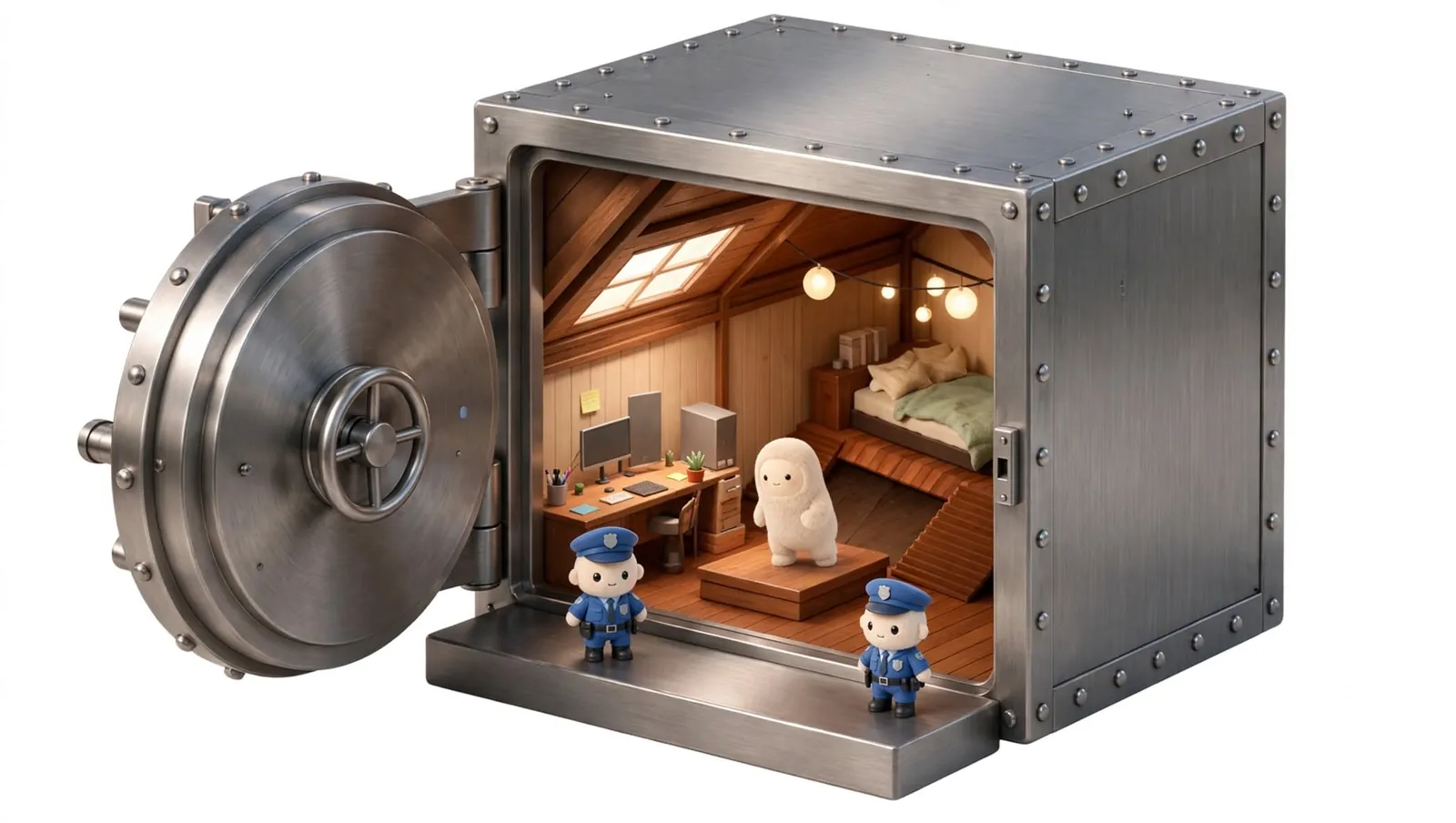 Illustration: a steel vault, standing in for the confidential VM, with Muse inside and two guards, standing in for Sentinel, at the entrance.