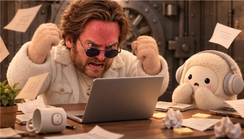 Illustration: Mac, furious over the laptop, while Muse covers its mouth in shock.