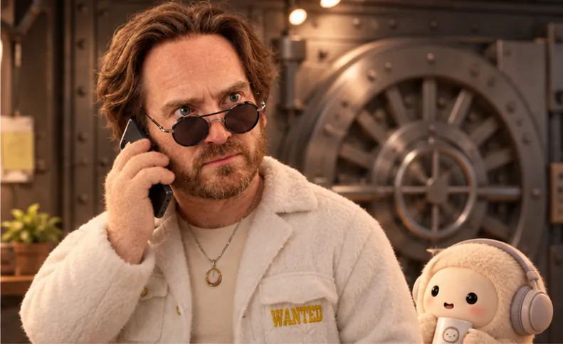 Illustration: Mac on the phone, looking skeptical, with Muse beside him.